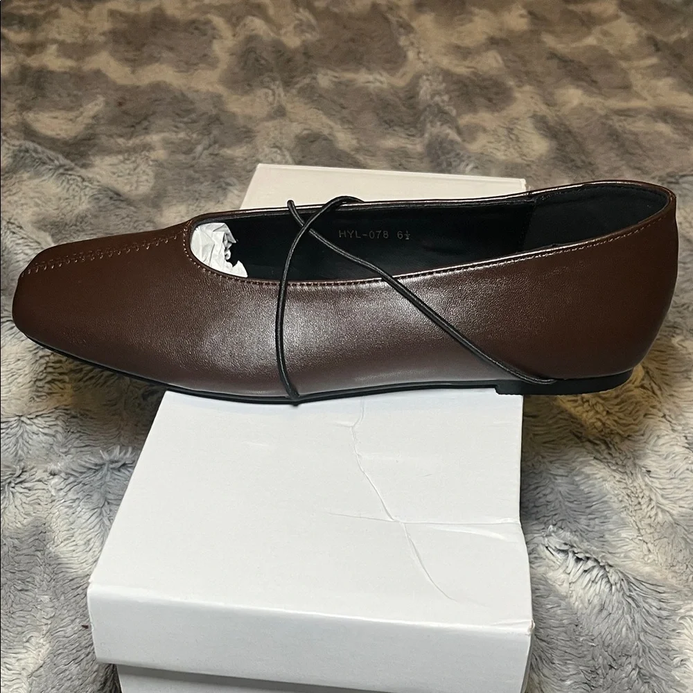 Brown Square-Toe Crisscross Strap Flats - Picture 13 of 17